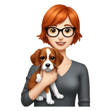 red-haired girl with bangs and short hair and black glasses presenting a Blenheim Cavalier puppy sticker