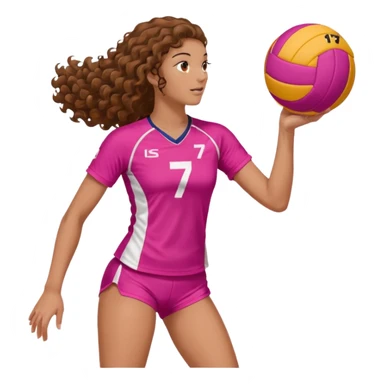 une joueuse de volley de profil debout (on voit ses jambes) qui joue (blanche brune avec des cheveux longs boucles) (avec une tenue ROSE avec le numéro 7) et une balle avec 2 couleurs orange et BLANC sticker