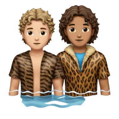 two young men, one with wavy hair and animal skin clothes (John), the other with short hair (Jesus), meeting in water, both clothed sticker