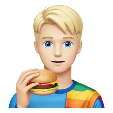 Young blonde man with white skin and blue eyes from LGBT community eating McDonald's hamburger, pride flag colors sticker
