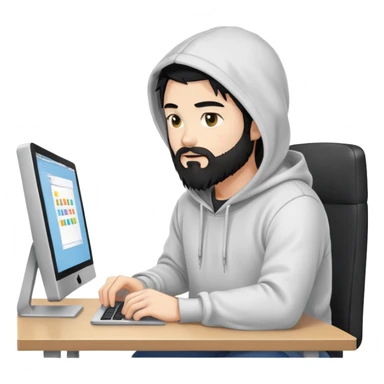 male coder with black hair, beard, and white skin, wearing a hoodie, sitting in front of a computer, focused on coding sticker