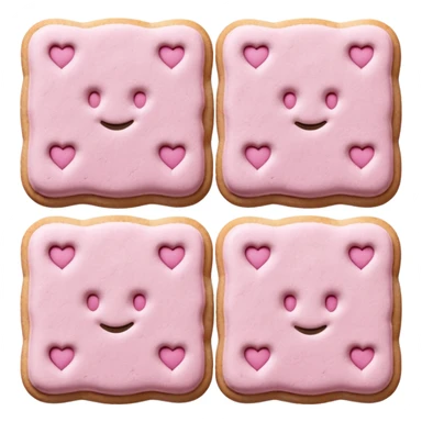 three pink Reims biscuits, rectangular with rounded edges, soft pink color, powdered sugar dusting, crisp textured surface with subtle cracks, arranged overlapping, soft lighting, subtle shadows, no plate or packaging, no faces, transparent background, emoji scale sticker