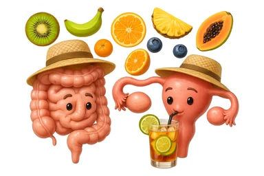 EMOJI STILE IPHONE DI INTESTINO E UTERO UMANI REALISTICI CON CAPPELLO DI PAGLIA DA SPIAGGIA CHE BEVE UN Tè FREDDO IN BICCHIERE DI VETRO CON DENTRO  fette di cetriolo, limone, lime, DIETRO L'INTESTINO FLUTTUANO PEZZETTI DI Kiwi
Banana acerba
Arance e mandarini
Mirtilli
Ananas
Papaya
IPERREALISTICO 4K sticker