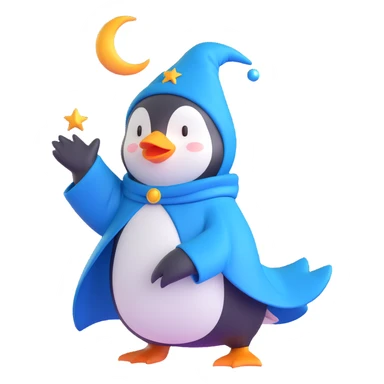 cartoon penguin wizard with a blue cloak, crescent moon hat, and swirling magical energy sticker