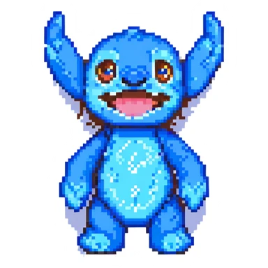 Stitch from Lilo & Stitch, pixel art style, waving, smiling, bright blue color sticker