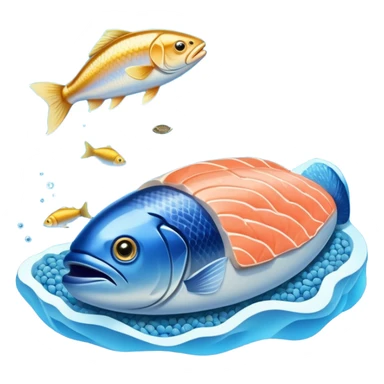 Golden omega-3 capsule floating in blue liquid currents, with salmon fillets, walnuts, chia seeds, and flaxseeds orbiting alongside an ethereal fish near a radiant brain. Blue waves expand from the brain, showing the mental clarity and emotional benefits of omega-3 rich foods. sticker