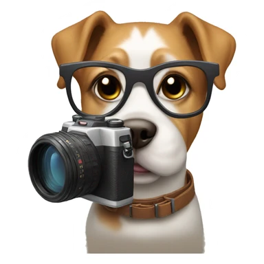 Dog with glasses and a camera sticker