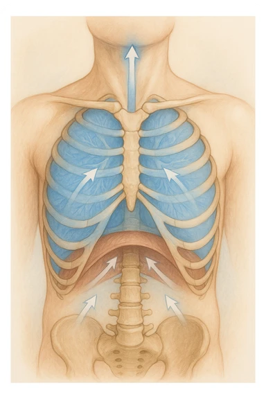 A realistic, high-quality anatomical illustration showing a human torso with visible rib cage and diaphragm. The ribs are shown in a decompressed, expanded state, allowing full lung expansion, while the diaphragm is depicted as relaxed and lowered, indicating deep, efficient breathing. Soft blue and warm tones highlight airflow and lung capacity, with light arrows illustrating the air movement during diaphragmatic breathing. The image conveys a sense of calm, openness, and optimal breathing mechanics, useful for physiotherapy, breathing education, and osteopathic learning contexts sticker