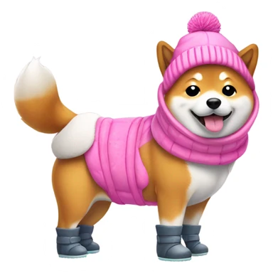Shiba inu dog wearing snow boots and pink beanie sticker