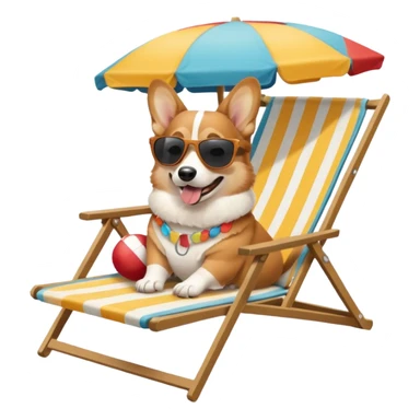 a corgi dog laied on a beach chair, a sunny beach, a sun umbrella, and beach coconut trees. the icon should capture the essence of a relaxing beach vacation with a carefree atmosphere sticker