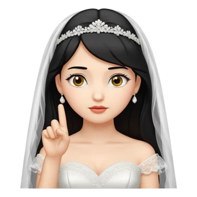Black-haired bride in a white wedding dress and veil, curious expression, pointing to her head with her index finger, cute emoji style. sticker