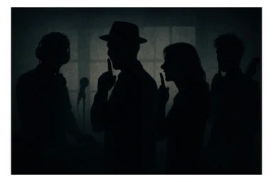 Siluetas y figuras de personas que trabajan en la industria musical, en las sombras, vistas desde lejos, con sonrisas burlonas y aire de superioridad, haciendo una señal con el dedo para pedir que otros hagan silencio o de estar guardando un secreto sticker