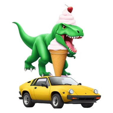 A trex eating a ice cream cone while driving a Lamborghini  sticker