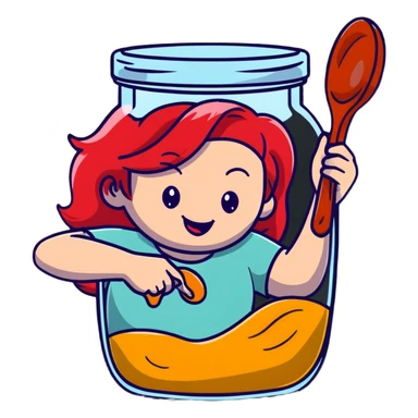redhead woman with big smile taking some jam with a spoon from glass jar sticker