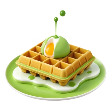 3D rendered hyper-realistic matcha green tea Hong Kong egg waffle with vibrant green color, detailed bubble texture, glossy candy-like surface, playful presentation, soft lighting sticker