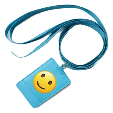 a light blue lanyard with card holder and a smiley face sticker