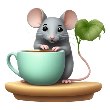 Cute mouse with a houseplant and cup of tea sticker
