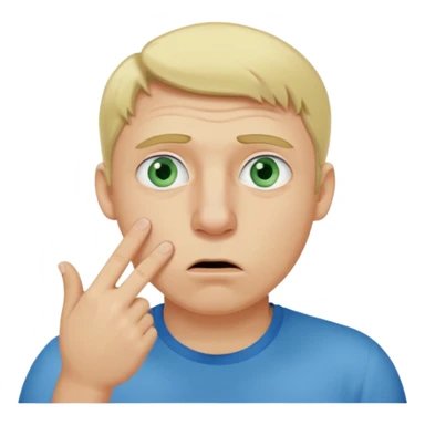 a emoji with two fingers in his nose, make him have a natural white skincolour and blonde hair, blue/green eyes, put the fingers in his nose, its a man and he needs two fingers IN his nose sticker