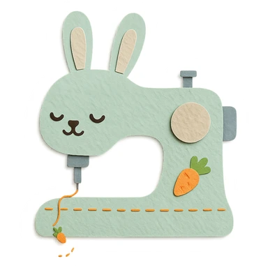cute rabbit-shaped sewing machine, fluffy, stitching a tiny carrot pattern, soft mint pastel, full-body sticker
