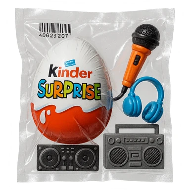 Kinder Surprise egg with wrapper, next to toys including microphone, boombox, headphones, DJ controller, glossy vacuum-sealed style sticker