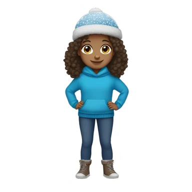 winter, christmas, hispanic, afro hair,  girl, brown eyes, child, full body, blue winter sweater, headband sticker