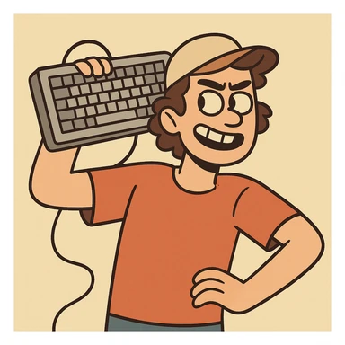 a person holding a keyboard up to their head like a boombox, cartoon style sticker