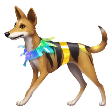  brindle brown black maroon striped lurcher Alsatian fox running blue eyes and iridescent holographic oilslick harness wearing paper iridescent tropical flower crown yellow caution tape sticker
