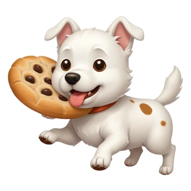 white dog running with a round bread in its mouth sticker