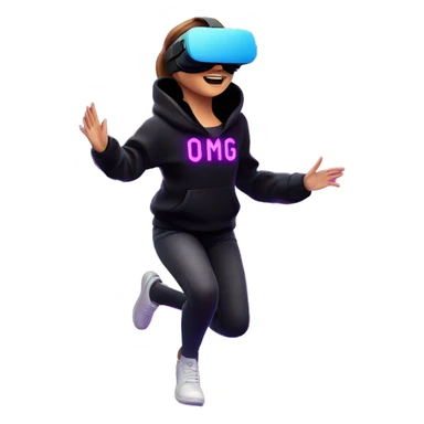 Russian girl wearing black hoody with violet letters "OMG", in vr headset oculus quest2. jumping. Cyberpunk style. Violet neon. sticker