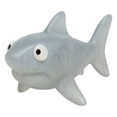 Make the shark even more transparent and slightly see-through, keeping the natural gray color, in a retro 90's toy style with derpy eyes, soft plastic texture, soft reflections, soft and squishy appearance, some cloudiness, not shiny, highly detailed and appealing. Remove any tags and background. sticker