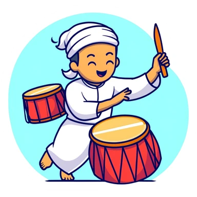 person beating a drum and chanting 'tung tung tung sahur' in a festive Ramadan night setting sticker