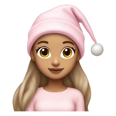 Ariana grande in a light pink christmas outfit wearing a light pink christmas hat sticker