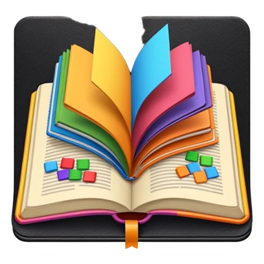 an open book with a dark cover and brightly colored tile samples sticker