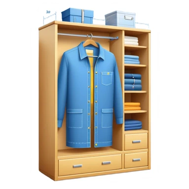 Professional emoji for Furniture Design: a close-up of a 3D wardrobe on top of a blueprint, with a measuring tape beside it. The icon should represent the detailed design and measurement process in furniture design. Transparent background. sticker