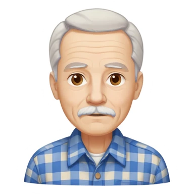 Elderly man with light skin. Elongated face with kind expression. Light brown eyes. Thin eyebrows. White goatee and white mustache. Gray-white hair combed back. Wearing a blue and beige checkered button-up shirt. sticker
