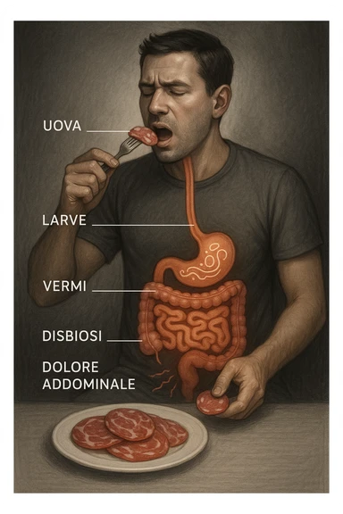 vertical realistic illustration of a man eating sliced cured meats, showing a visual progression of intestinal parasites and initial symptoms of dysbiosis, clinical atmosphere, dramatic lighting, Italian captions, aspect ratio 2:3 sticker
