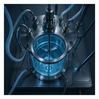 a large biofermentor, top-down view, with visible stirring mechanism and tubes, high-tech look sticker