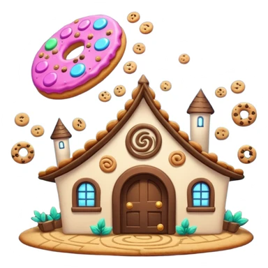 Exterior of a magical cookie factory with swirling portal above the roof, cookies flying in from different dimensions, glowing runes and enchanted pipes spiraling around the building, emoji-style sticker