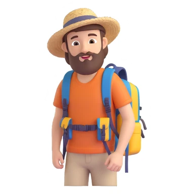 Make the adventurous bearded guy look younger while keeping the straw hat and backpack, in 3D emoji style, with no background. sticker