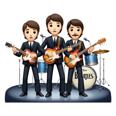 Rock music icon: The Beatles performing live on stage. John Lennon with guitar, Paul McCartney with bass, George Harrison with guitar, Ringo Starr on drums. Bright lights, energetic performance. Transparent background. sticker