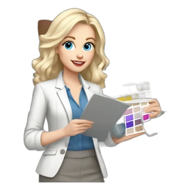 pale skin woman interior designer with cold blonde middle length hair, blue eyes, White blouse, Gray oversize jacket, Gray skirt holding a color palette in the hands sticker