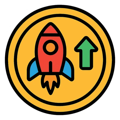 golden coin with a rocket and upward arrow, symbolizing crypto trading success, color outline style sticker