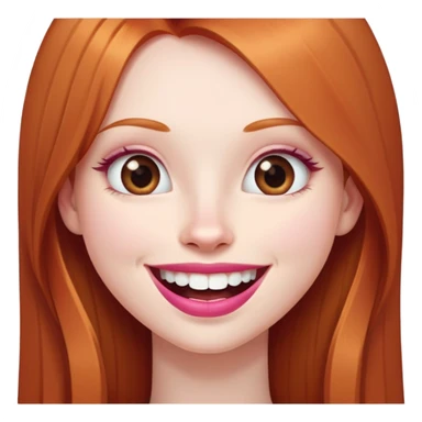 Young girl with pale skin, very long face, full pink lips smiling with big teeth, very long straight auburn hair (lighter ginger, not intense red), big brown eyes, big nose, big mouth sticker