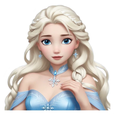Cinematic Realistic Elsa Portrait, depicted with lifelike skin texture, soft natural lighting, and intricately detailed platinum blonde hair styled elegantly. Her striking, expressive blue eyes exude confidence and grace, complemented by a serene and regal expression. She holds a shimmering snowflake delicately in one hand, her other hand resting against her gown, embodying the power and beauty of winter. She is dressed in her signature icy attire, with shimmering fabric textures and delicate folds that catch the light beautifully. The portrait features a soft, enchanting glow with a cool, radiant finish, capturing the essence of timeless elegance in a realistic and painterly style. sticker