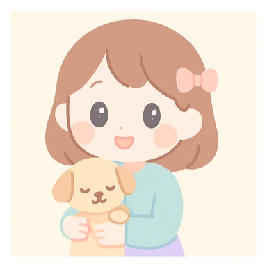 A pale girl with brown shoulder-length hair tied with a ribbon hairclip, holding a dog sticker