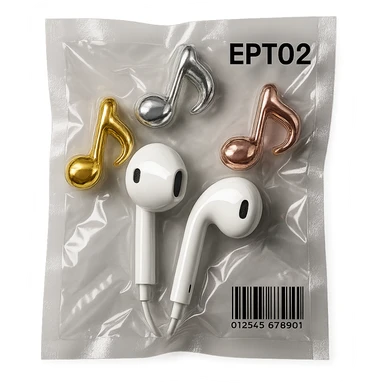 pair of white EarPods with three floating glass music notes in gold, silver, and rose gold, shiny and puffy sticker