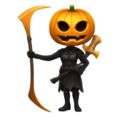 Human female pumpkin hunter with a scythe, glowing pumpkin eyes inside a black helmet, Halloween theme, emoji" sticker
