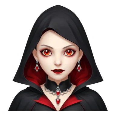 vampire village woman portrait, head and shoulders only, dark gothic cloak collar, sharp fangs, red glowing eyes, elegant yet eerie expression, subtle jewelry, 3D cartoon, mobile game icon style, clean background, no text, no watermark sticker