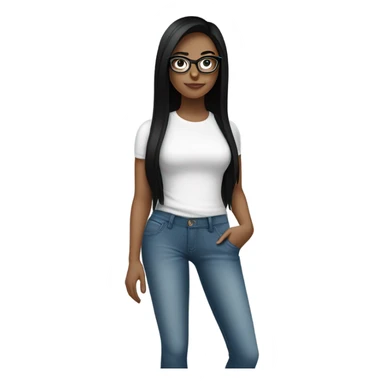 White girl with straight black hair and glasses wearing a white crop top and jeans glasses full body sticker