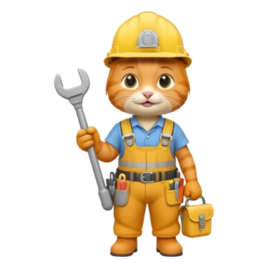 orange tabby cat wearing yellow hard hat holding tiny wrench, standing upright with tool belt, 3D emoji style sticker